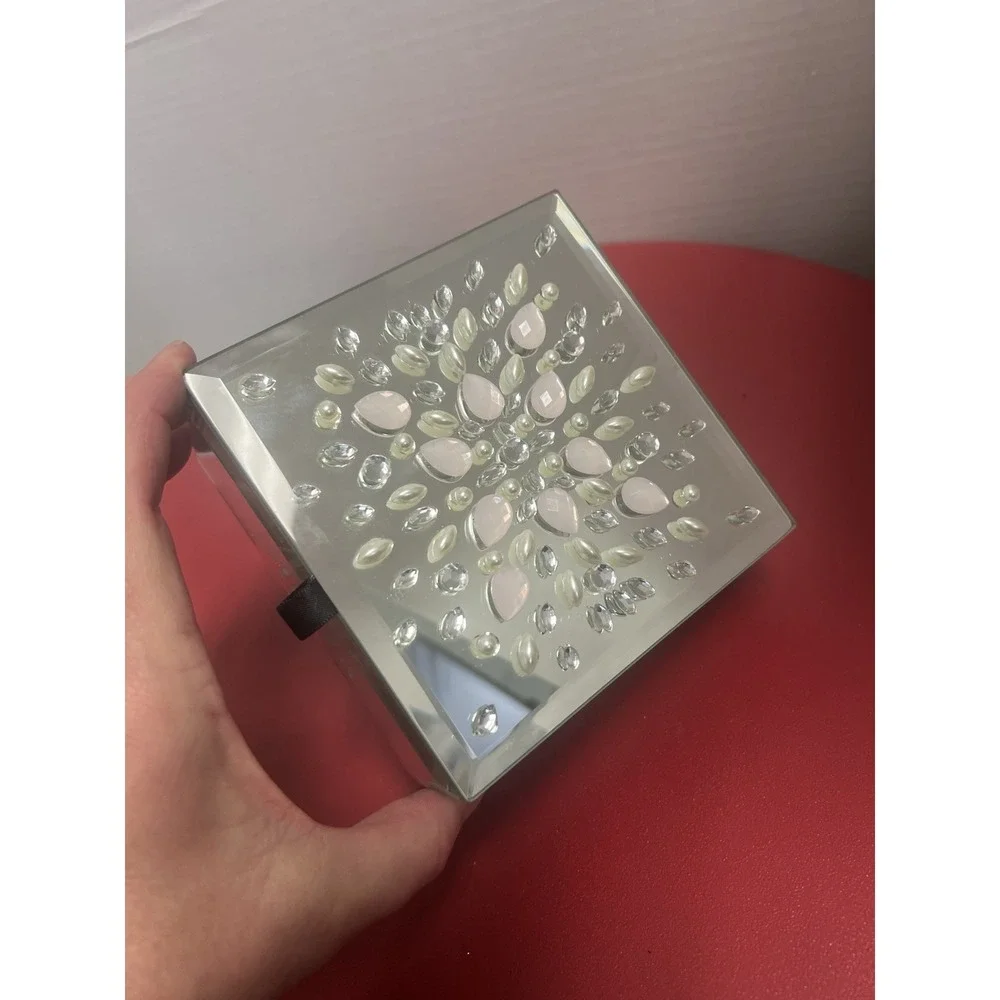 Personalized  Mirrored Tinket Box With flower Design. Velvet Inside ANITA 5 Inch